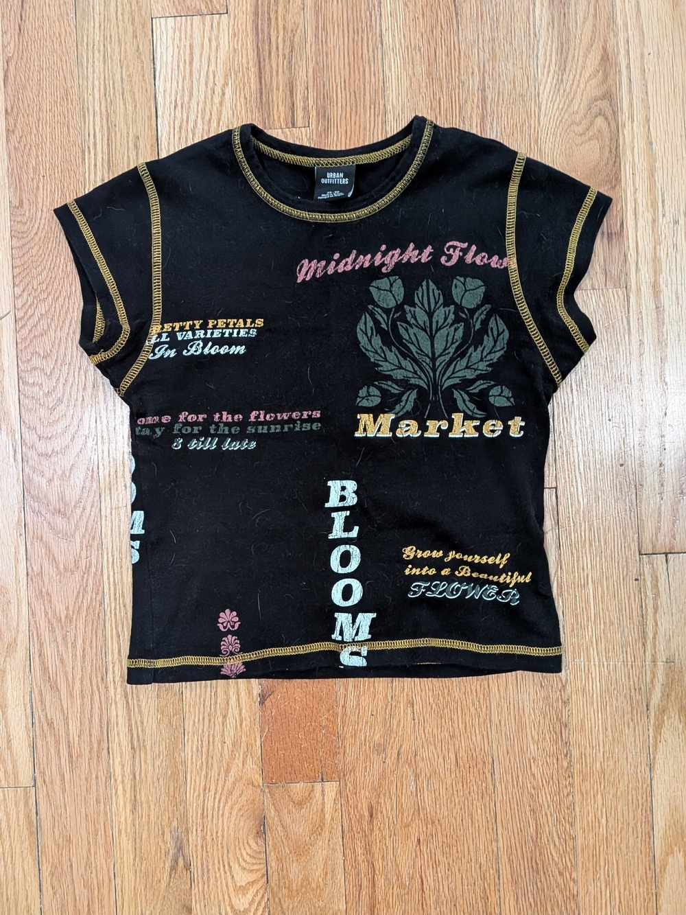 Urban Outfitters Flower Market Black Tee with Gold Contrast Stitching